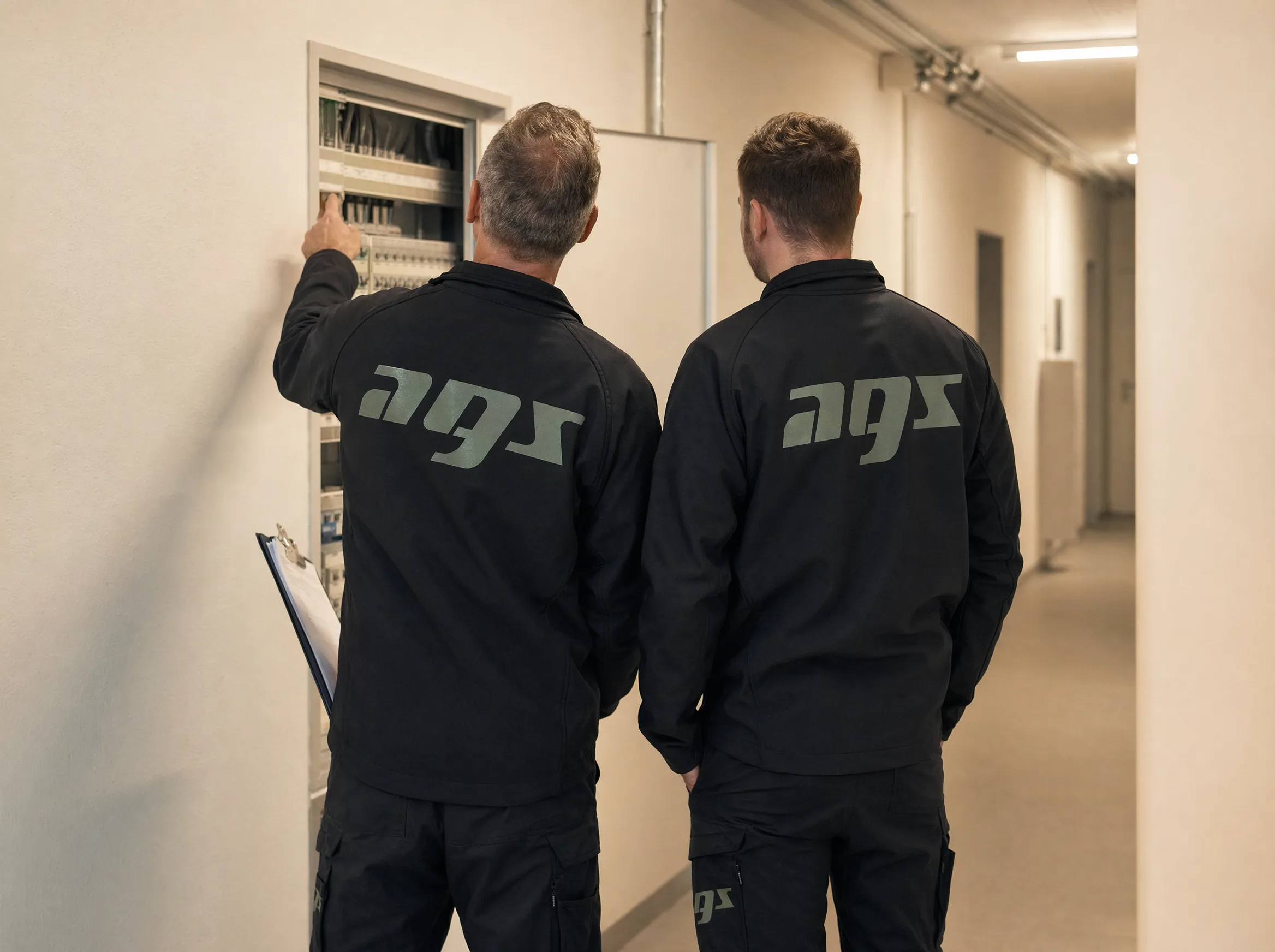 AGS-Hausmeisterteam kontrolliert einen Verteilerkasten im Gebäude