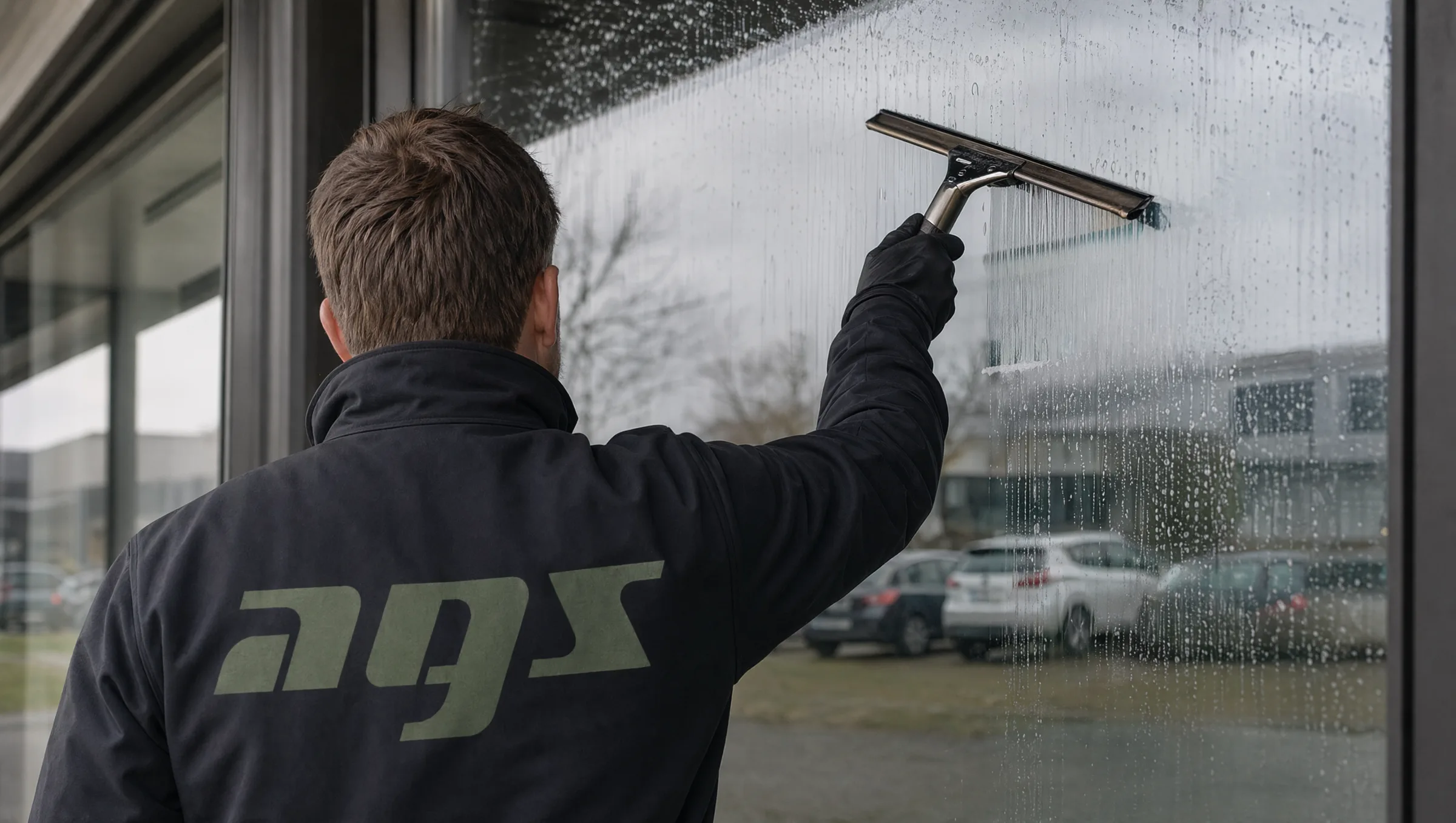 Reinigungskraft von AGS bei der Fensterreinigung mit dem Abzieher an einer Bürofensterfront