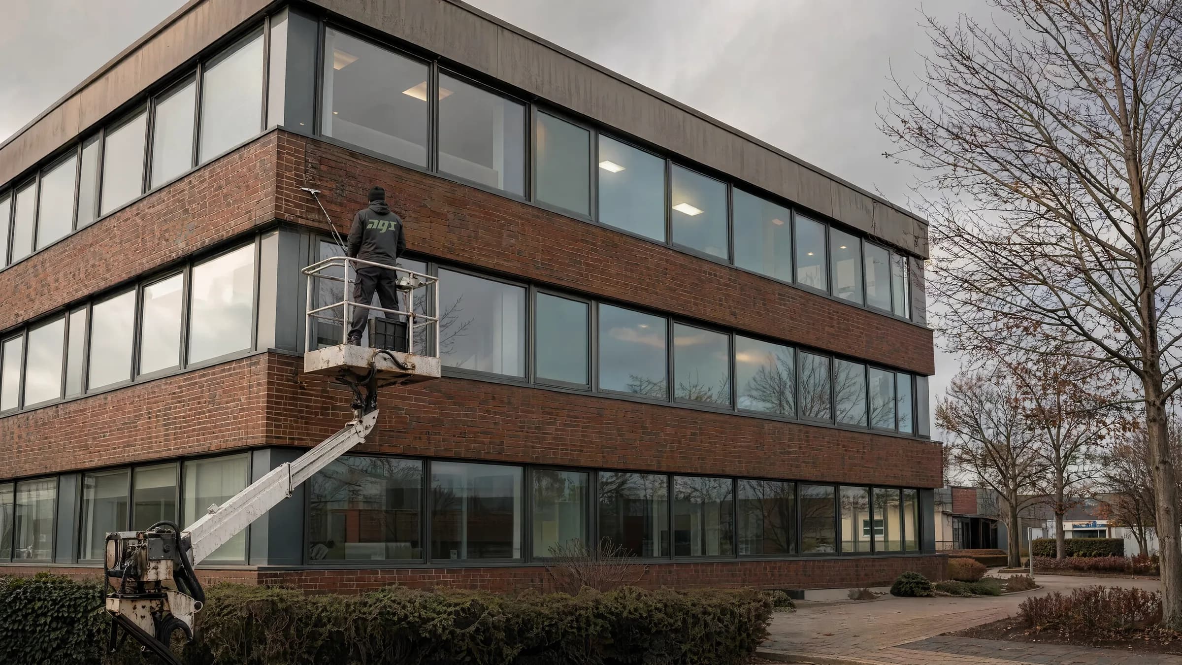 Fassaden- und Fensterreinigung an einem Bürogebäude mit Hubarbeitsbühne