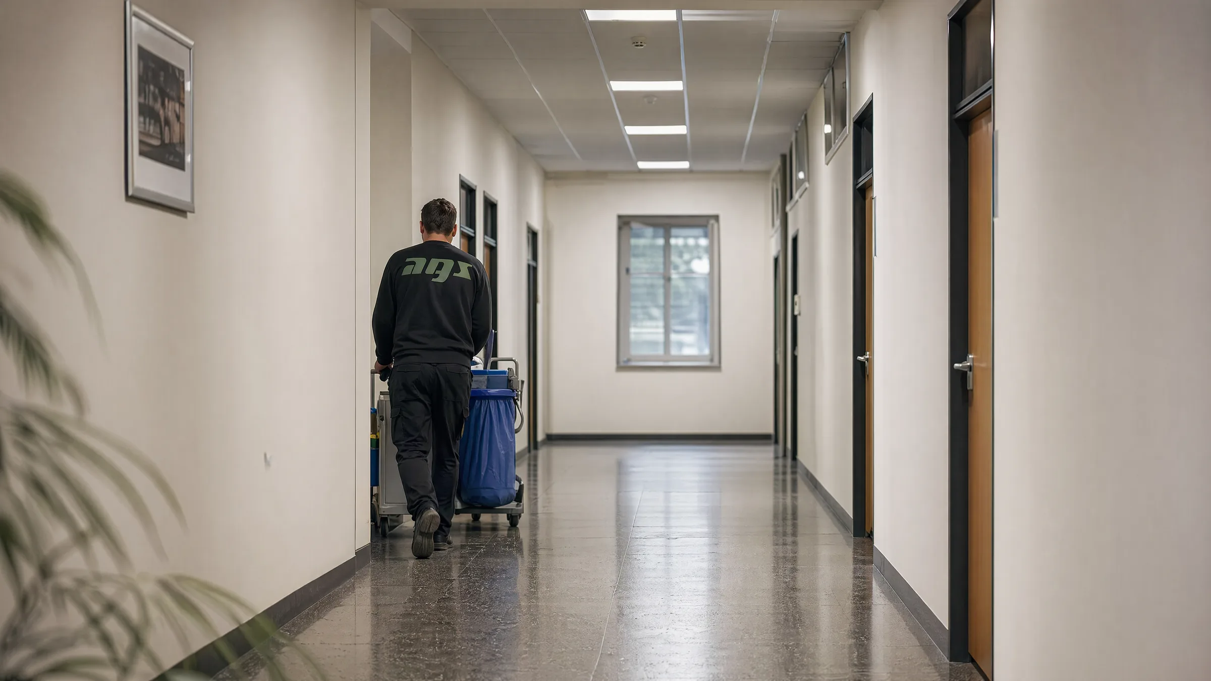 Reinigungskraft von AGS mit Reinigungswagen in einem frisch gereinigten Büroflur